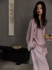 Natural cotton pajama set by Lian Loungewear with soft lace trim, featuring a relaxed fit and cozy loungewear style.