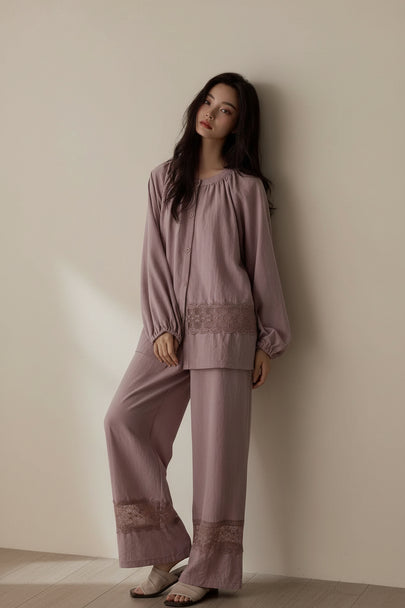Natural cotton pajama set by Lian Loungewear featuring soft lace trim and comfortable loungewear design.