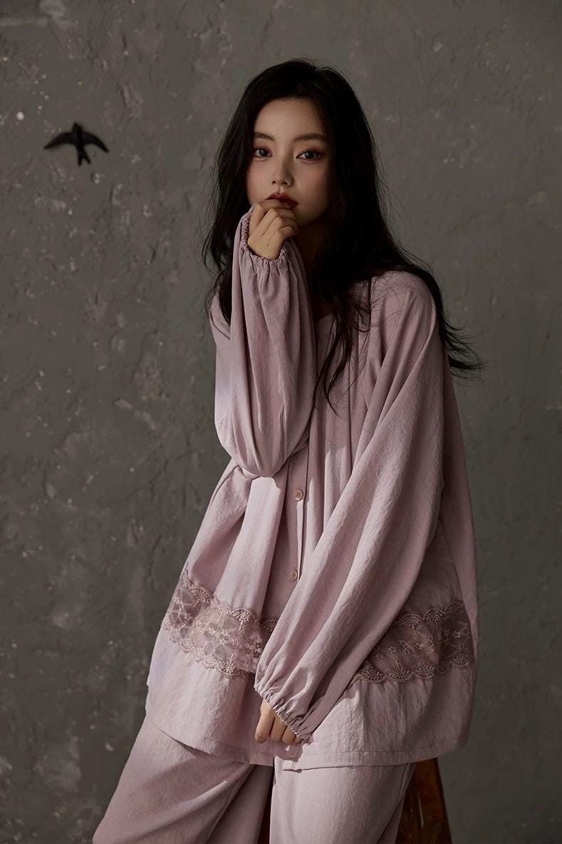 Lian Loungewear natural cotton pajama set with soft lace trim, featuring a relaxed fit and comfortable loungewear design.