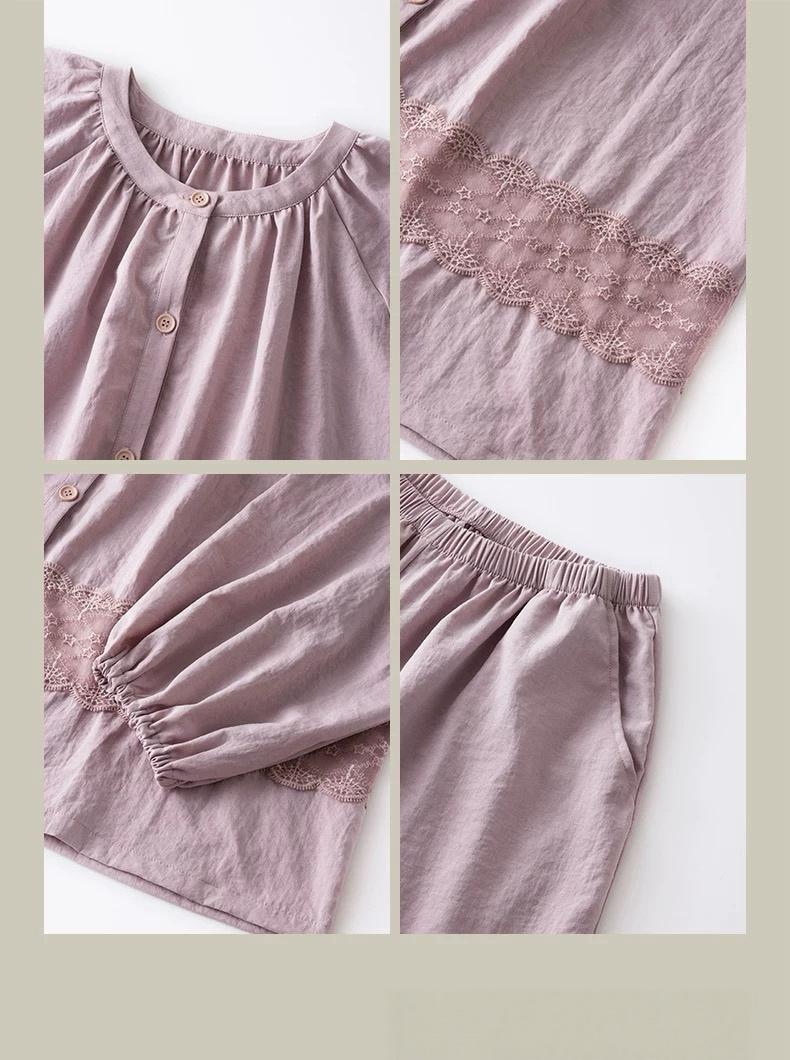 Natural cotton pajama set by Lian Loungewear with soft lace trim, featuring a relaxed fit and comfortable loungewear style.