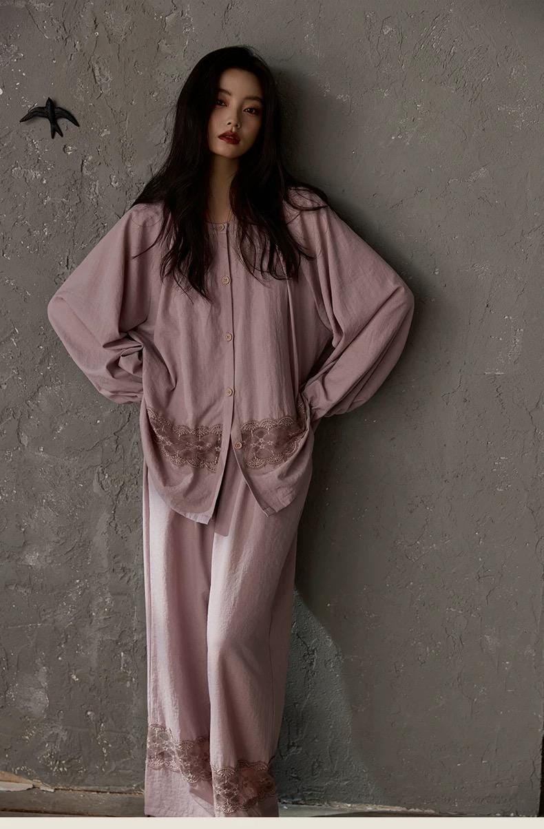 Natural cotton pajama set by Lian Loungewear featuring soft lace trim, comfortable loungewear for relaxed evenings.