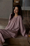 Natural cotton pajama set by Lian Loungewear with soft lace trim, featuring a relaxed fit and comfortable loungewear style.
