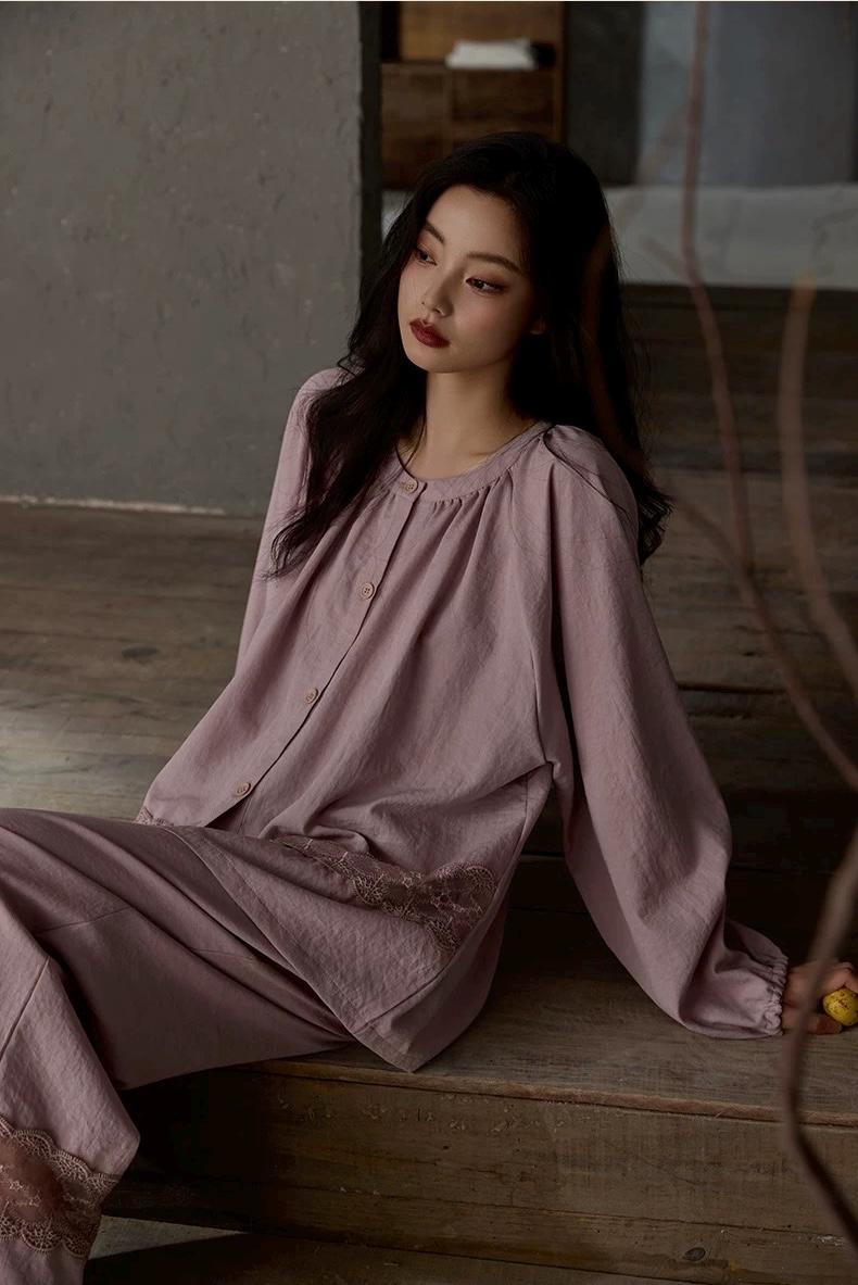 Natural cotton pajama set by Lian Loungewear with soft lace trim, featuring a relaxed fit and comfortable loungewear style.