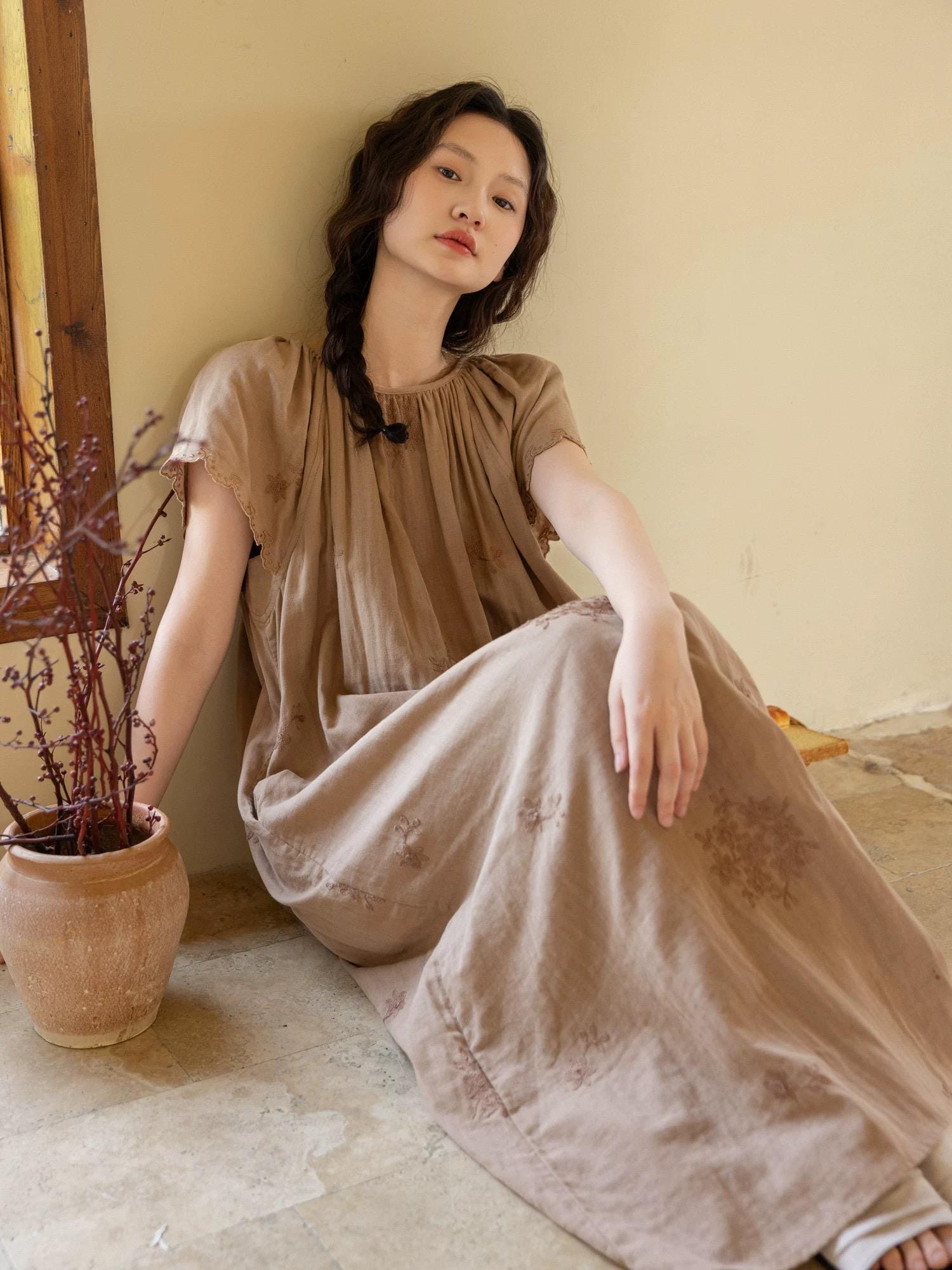 Lian Loungewear embroidered cotton gauze nightdress and pants set, soft and breathable loungewear for comfortable sleep.