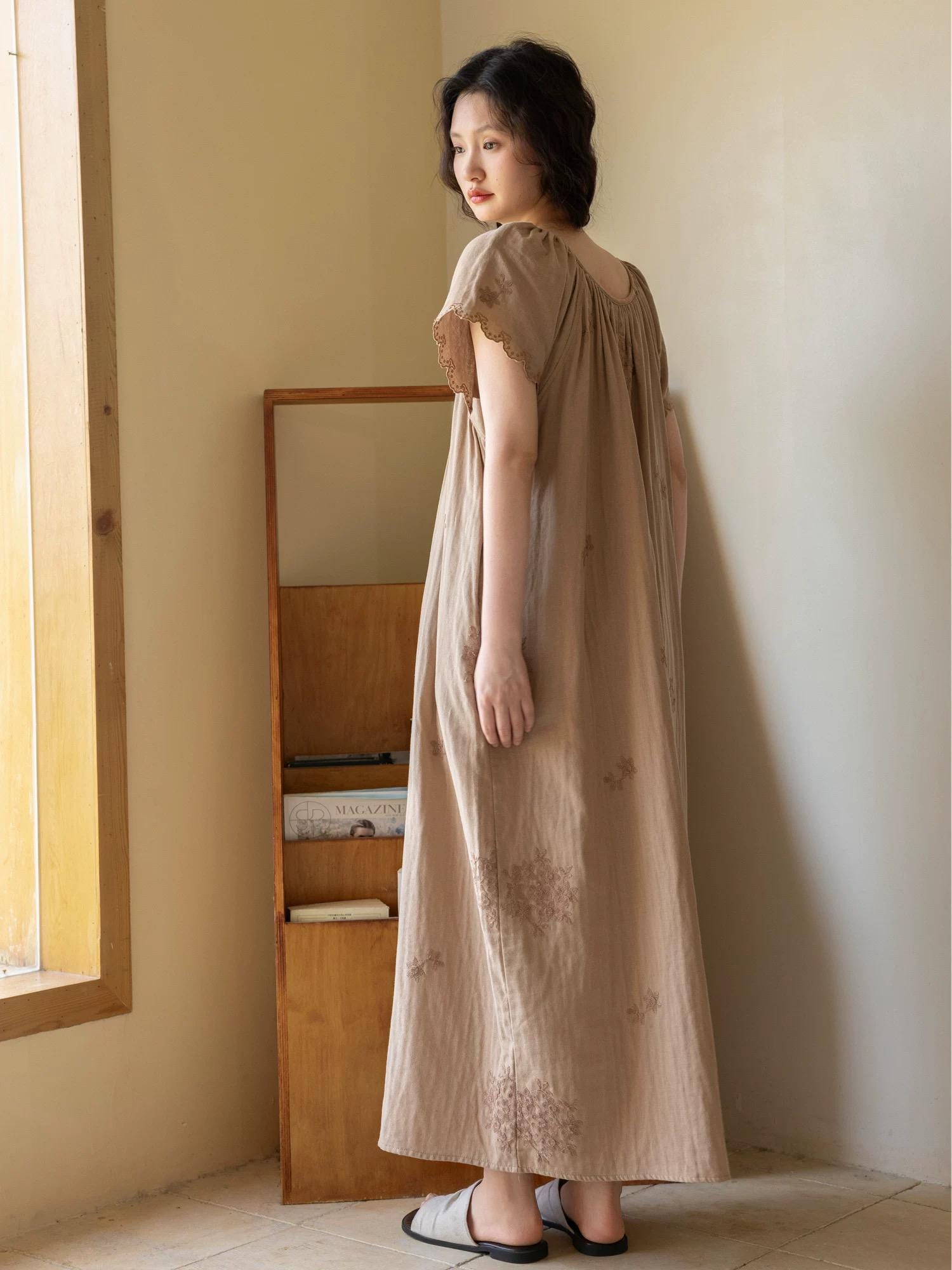 Embroidered cotton gauze nightdress and pants set by Lian Loungewear, soft and breathable sleepwear with delicate embroidery details.