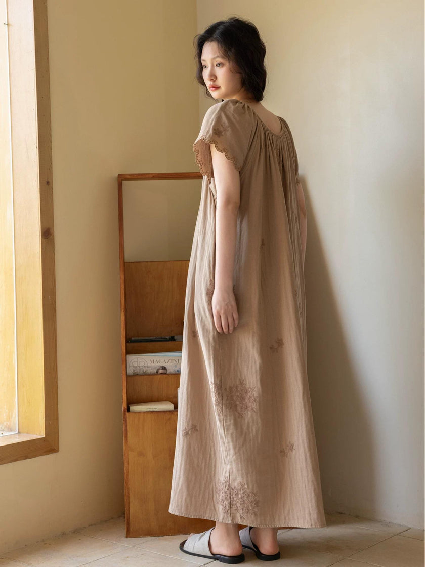 Embroidered cotton gauze nightdress and pants set by Lian Loungewear, soft and breathable sleepwear with delicate embroidery details.