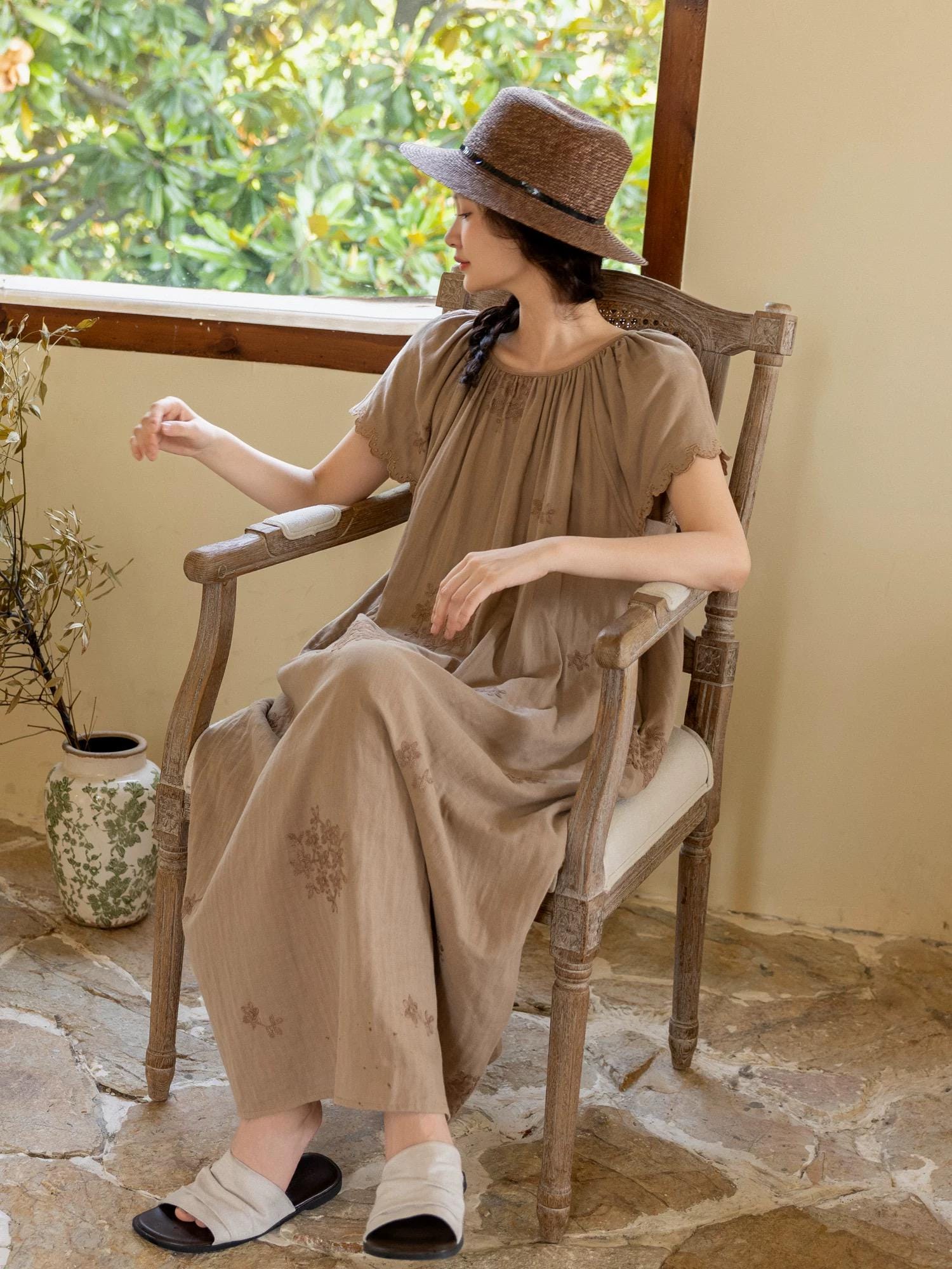 Lian Loungewear embroidered cotton gauze nightdress and pants set, soft and comfortable sleepwear with delicate embroidery details.
