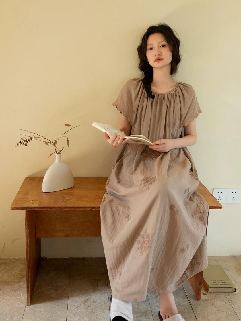Lian Loungewear embroidered cotton gauze nightdress and pants set, soft and breathable sleepwear with delicate embroidery details.