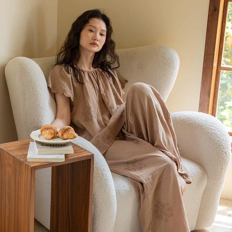 Lian Loungewear embroidered cotton gauze nightdress and pants set, soft and breathable sleepwear with delicate embroidery details.