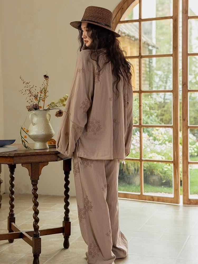 Lian Loungewear embroidered cotton gauze nightdress and pants set, soft and breathable sleepwear with delicate embroidery details.
