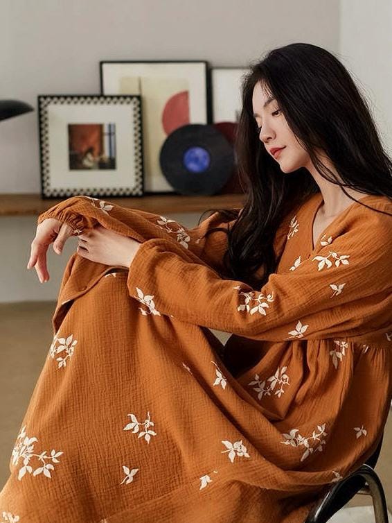 Lian Loungewear embroidered cotton gauze nightdress and pants set, soft and breathable sleepwear with intricate embroidery details.
