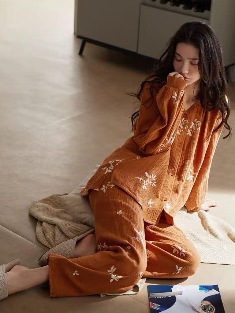 Embroidered cotton gauze nightdress and pants set by Lian Loungewear, soft, breathable sleepwear with intricate embroidery detail.