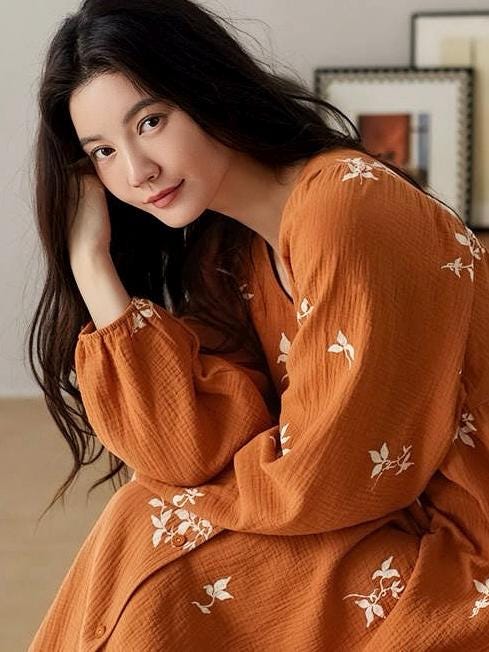 Lian Loungewear embroidered cotton gauze nightdress and pants set, soft and breathable sleepwear with delicate embroidery details.