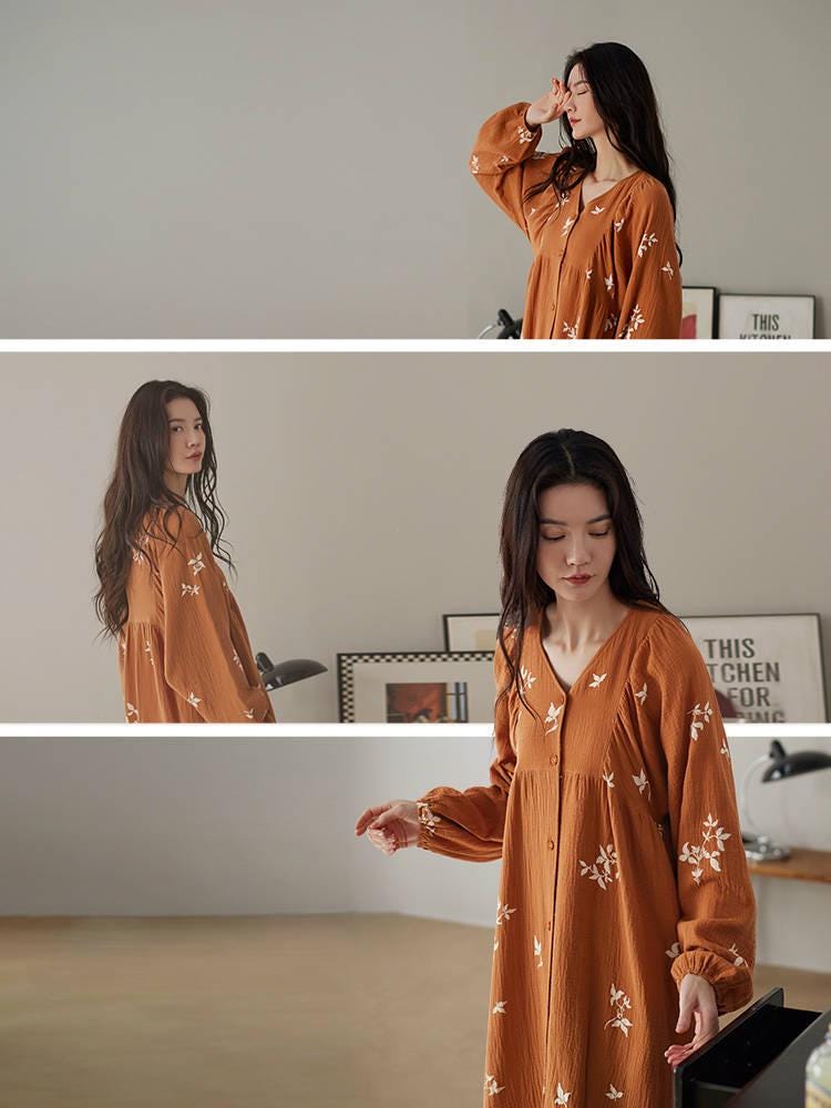 Lian Loungewear embroidered cotton gauze nightdress and pants set, soft and breathable sleepwear with delicate embroidery details.
