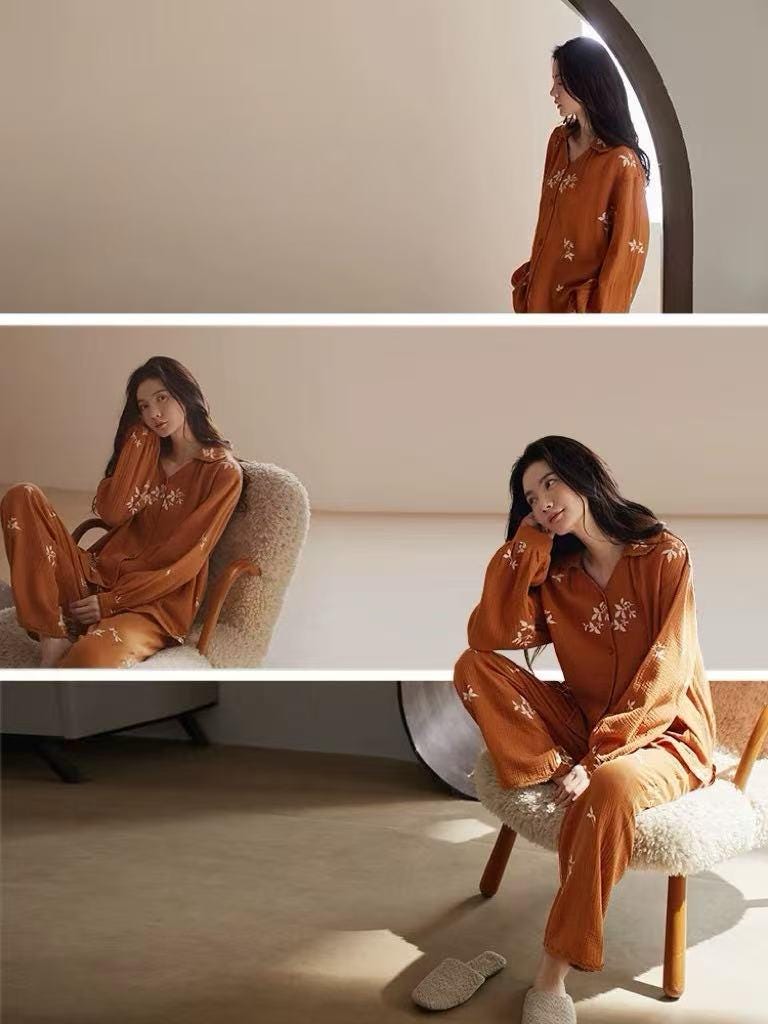 Lian Loungewear embroidered cotton gauze nightdress and pants set, soft and breathable sleepwear with delicate embroidery details.