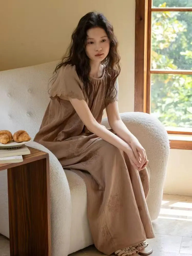 Lian Loungewear embroidered cotton gauze nightdress with vintage ruffle sleeves and matching pants, soft breathable muslin sleepwear.