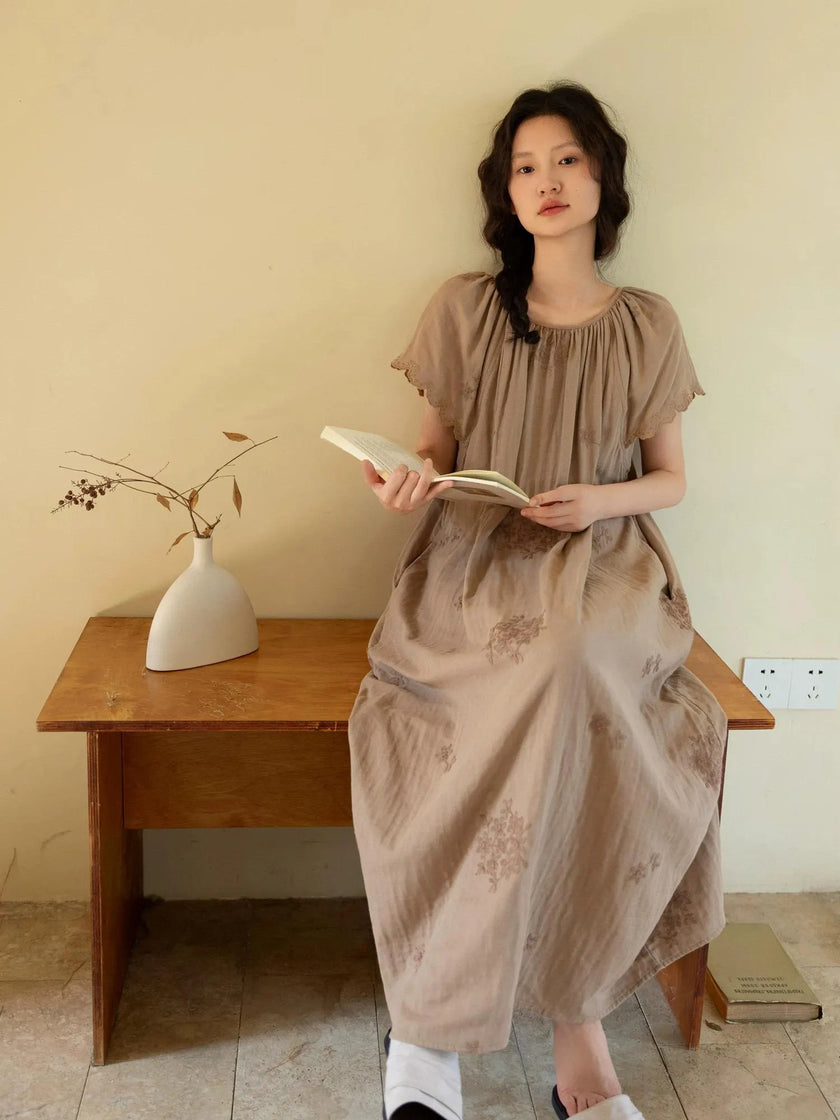 Lian Loungewear embroidered cotton gauze nightdress and pants set with vintage ruffle sleeves, soft muslin, breathable sleepwear.