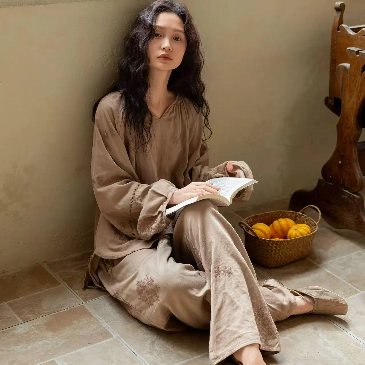 Lian Loungewear embroidered cotton gauze nightdress and pants set with vintage ruffle sleeves, soft muslin, breathable sleepwear.