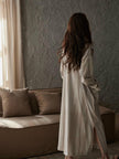 Lian Loungewear cotton robe dress with frayed cuffs, minimalist design, perfect for comfortable loungewear or gifting.