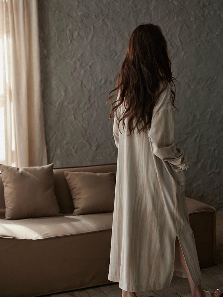 Lian Loungewear cotton robe dress with frayed cuffs, minimalist design, perfect for comfortable loungewear or gifting.