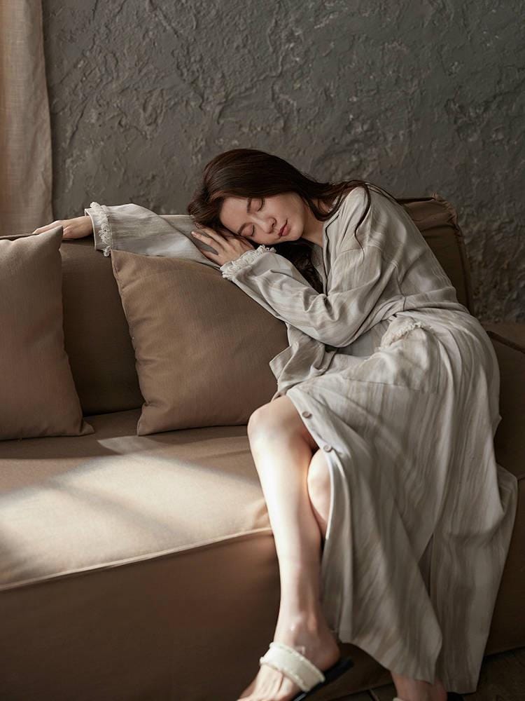 Lian Loungewear cotton robe dress with frayed cuffs, minimalist design, perfect for comfortable loungewear or relaxed home wear.