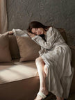 Lian Loungewear cotton robe dress with frayed cuffs, minimalist design, perfect for comfortable loungewear or relaxed home wear.