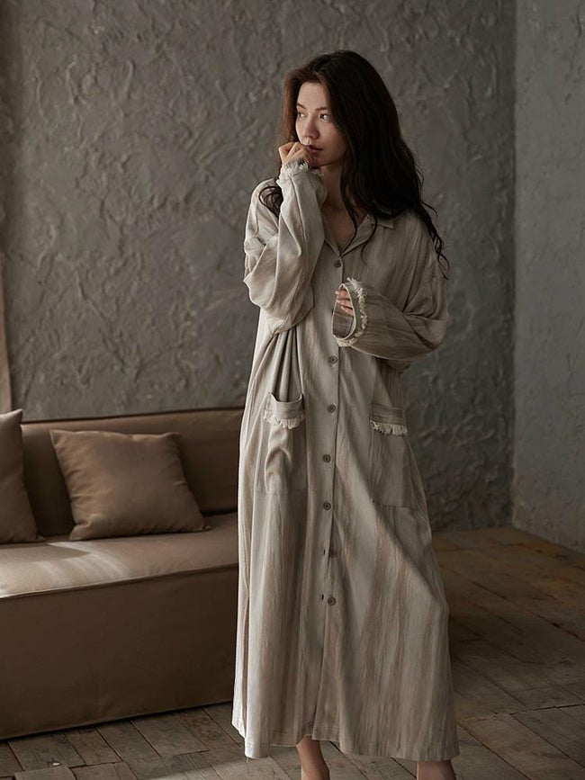 Lian Loungewear cotton robe dress with frayed cuffs, minimalist design, perfect for comfortable loungewear or cozy gift.