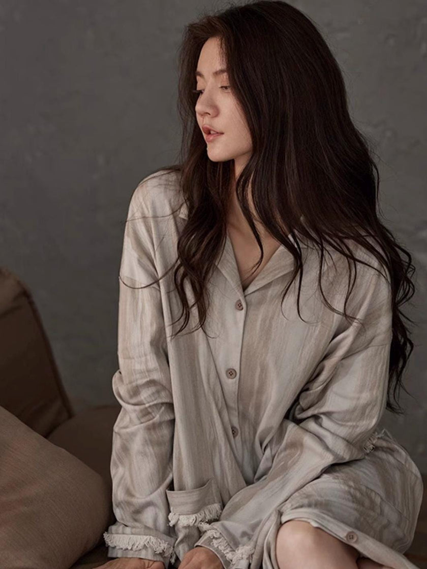 Lian Loungewear cotton robe dress with frayed cuffs, minimalistic loungewear style, soft fabric, relaxed fit, ideal for comfortable wear.