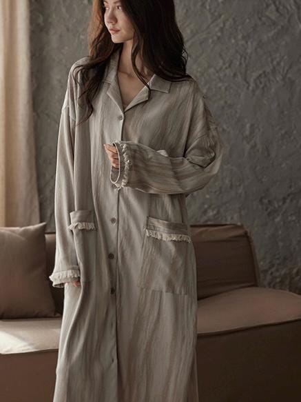 Lian Loungewear cotton robe dress with frayed cuffs, minimalist loungewear style, perfect for comfortable casual wear.