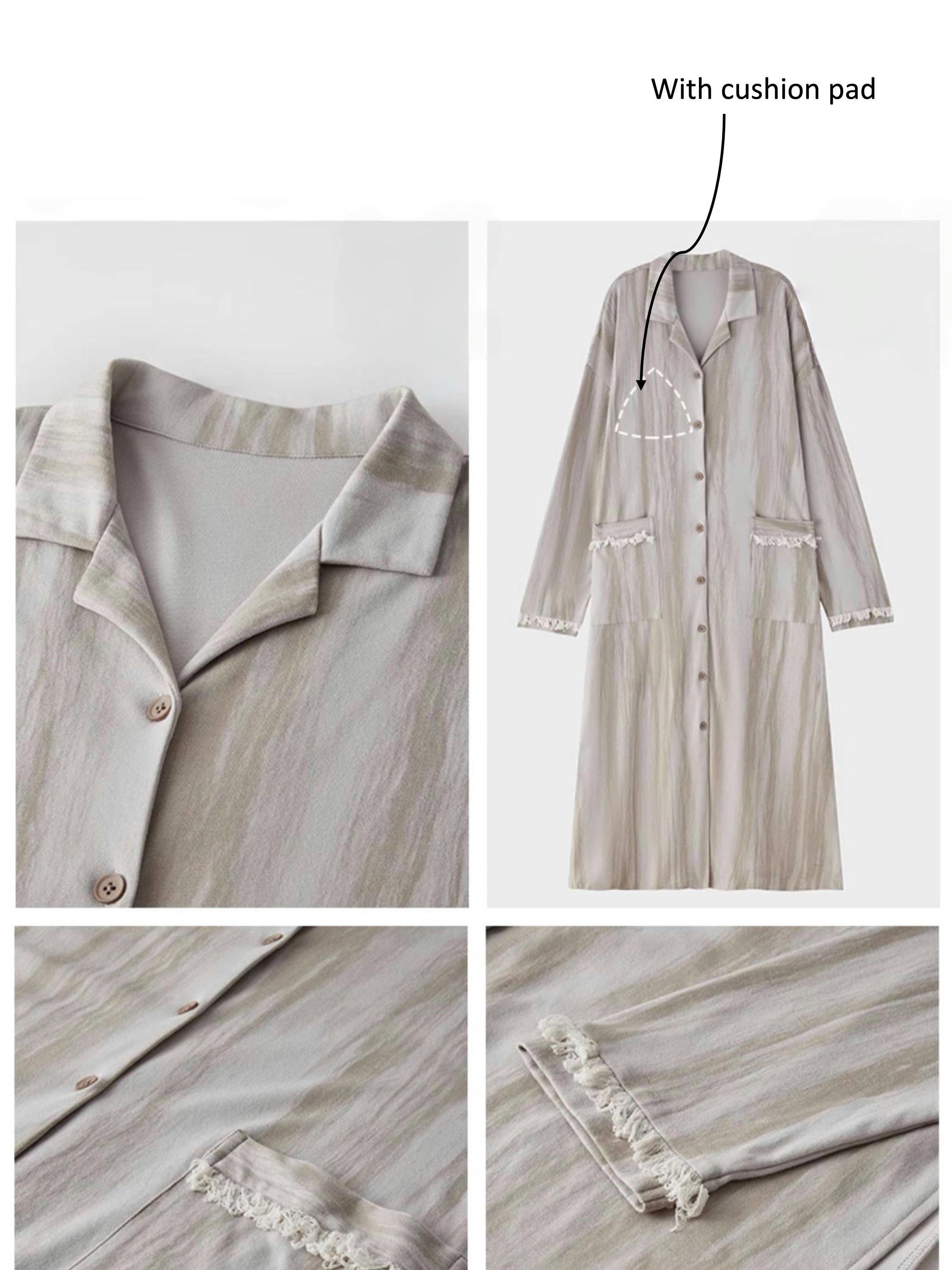 Lian Loungewear cotton robe dress with frayed cuffs, minimalist design, comfortable loungewear for relaxing or gifting.