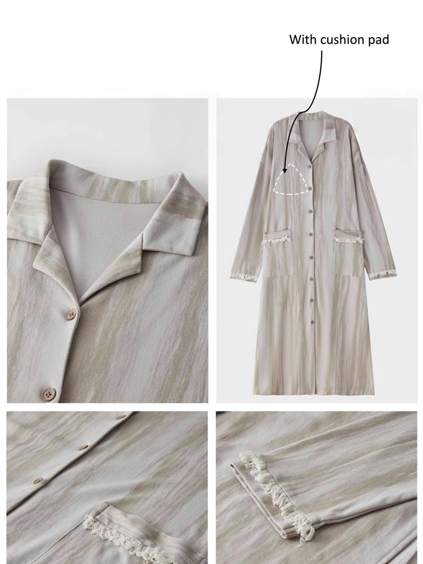 Lian Loungewear cotton robe dress with frayed cuffs, minimalist design, comfortable loungewear for relaxing or gifting.