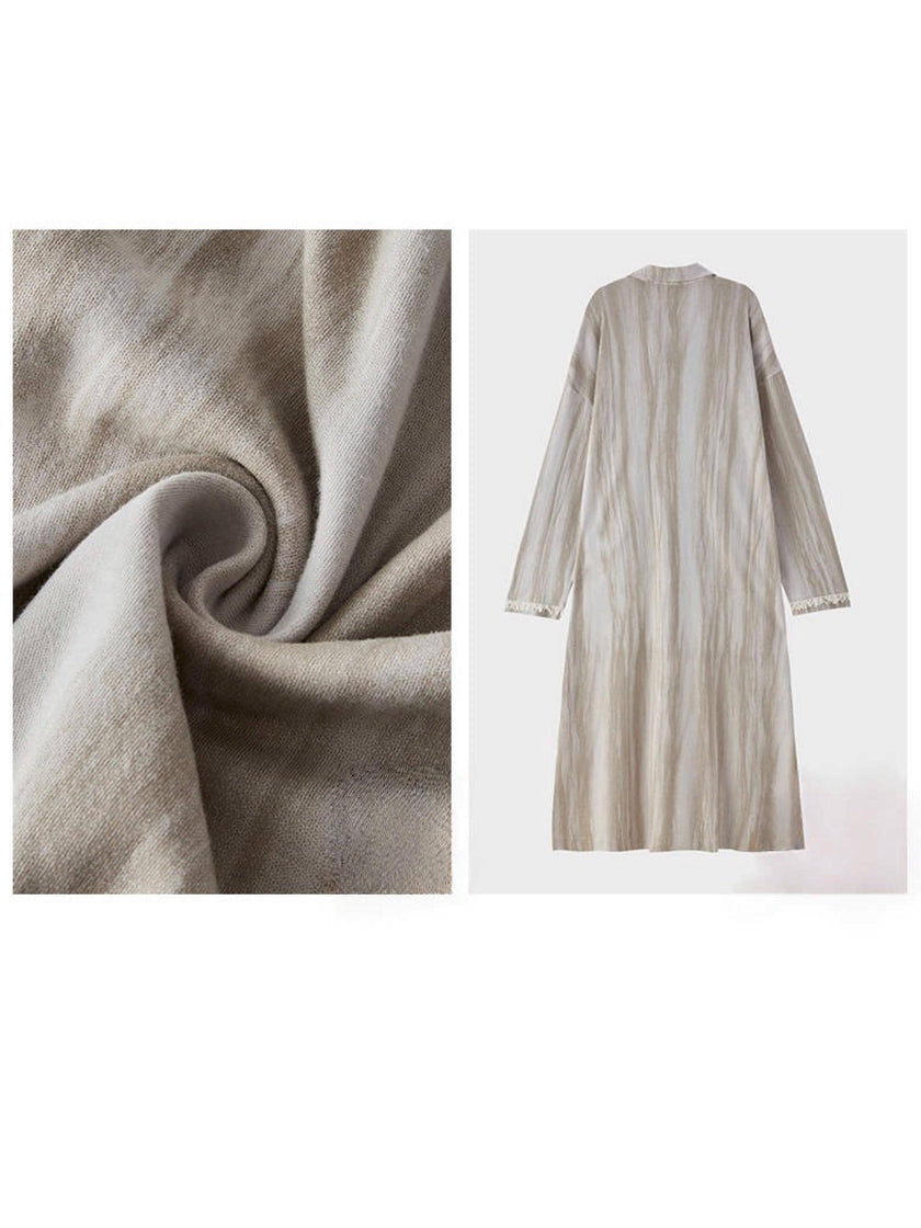 Lian Loungewear cotton robe dress with frayed cuffs, minimalist design, perfect for comfortable loungewear or gifting.