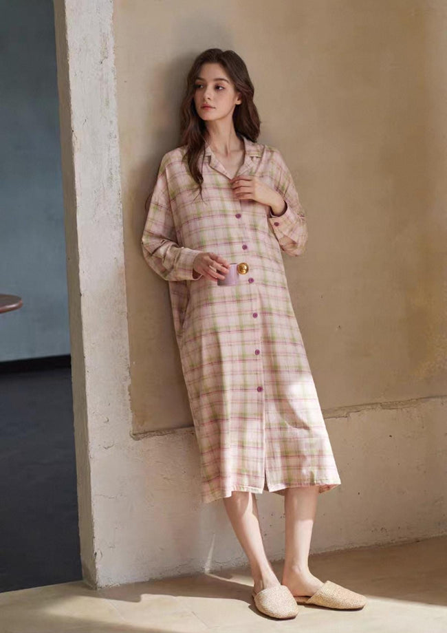 Women's pink plaid cotton pajama set from Lian Loungewear, featuring soft loungewear with a relaxed fit and comfortable fabric.