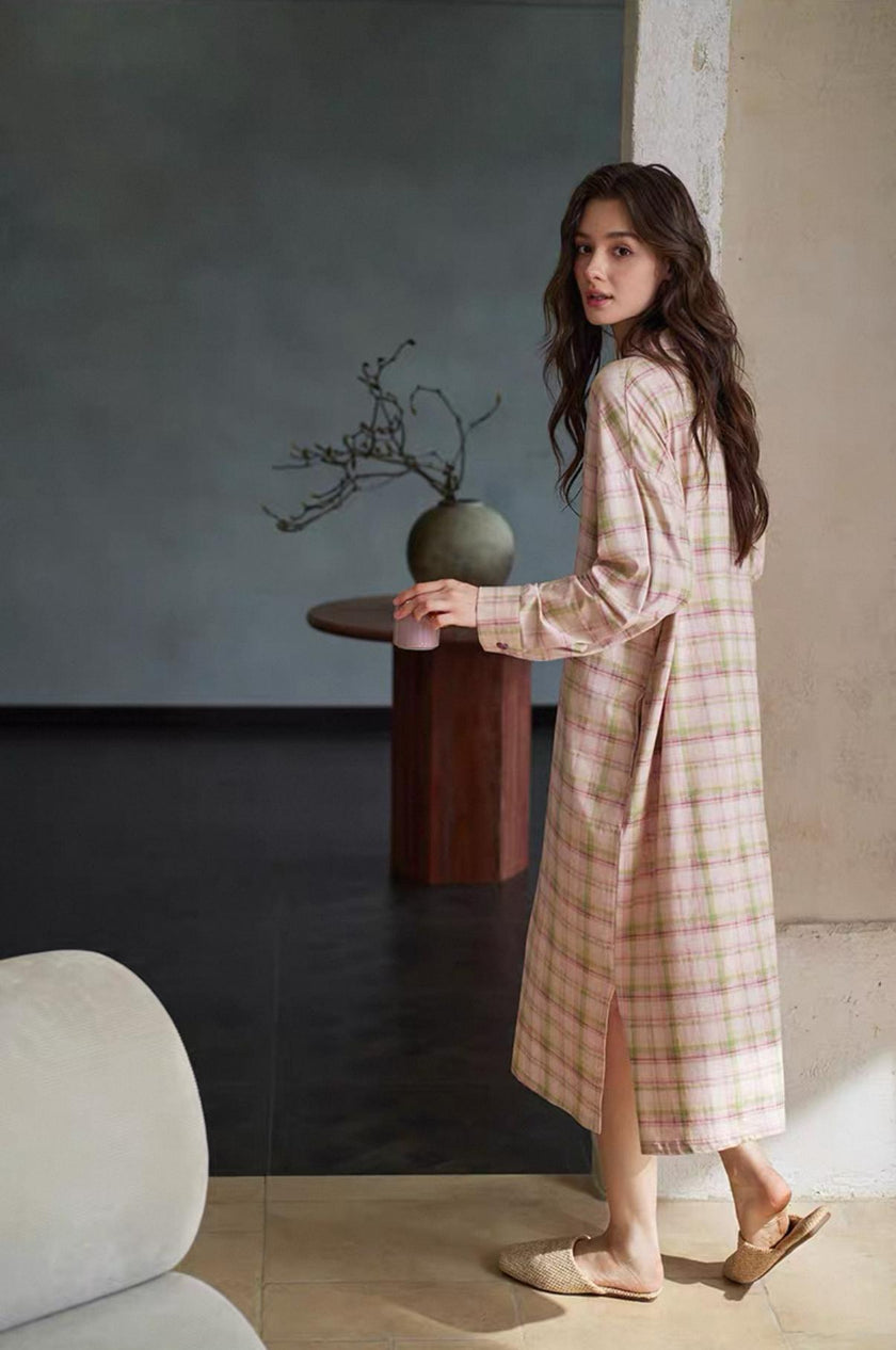 Pink plaid cotton pajama set for women from Lian Loungewear, soft and comfortable loungewear with a relaxed fit and button-up top.