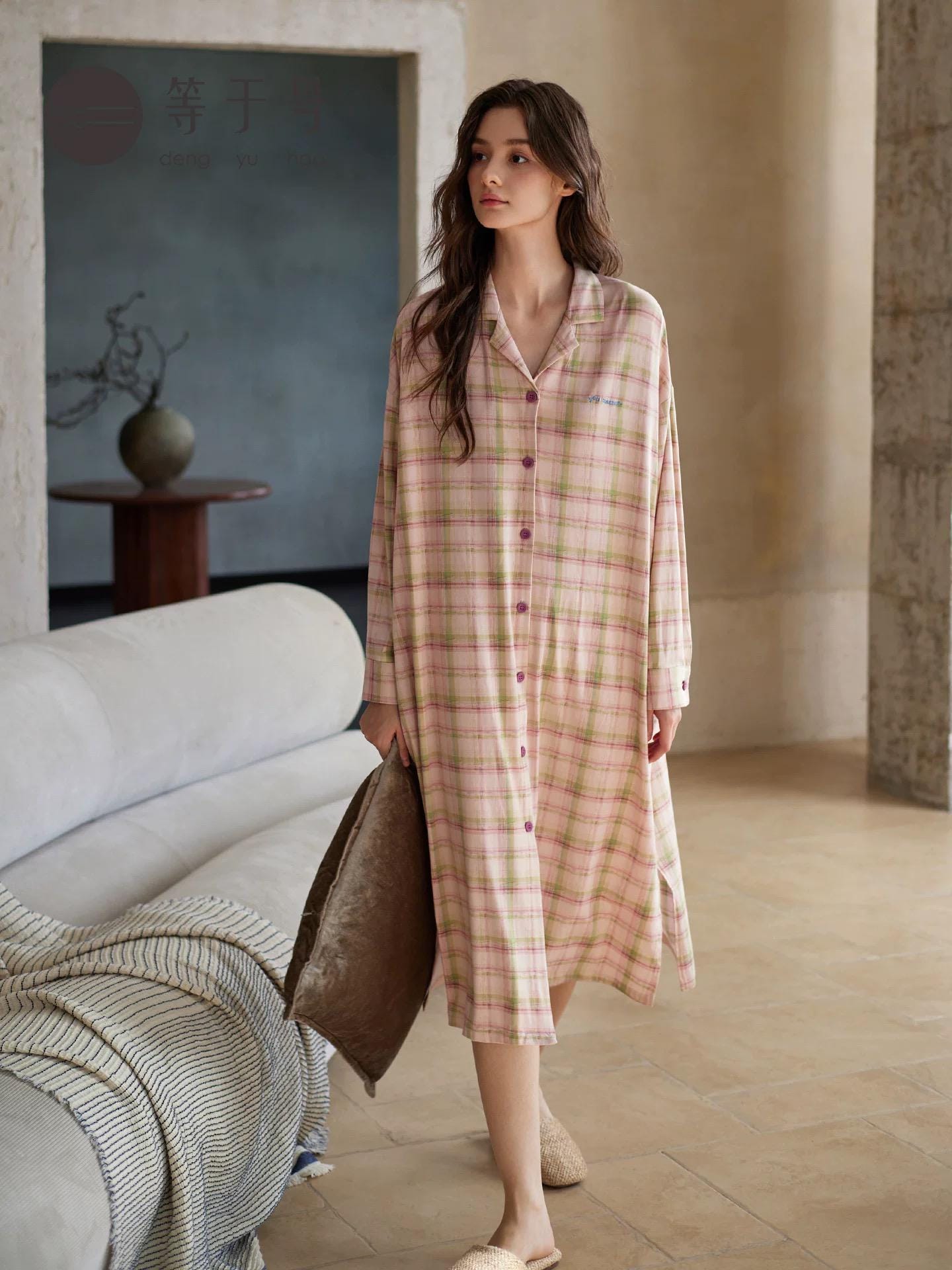Pink plaid cotton pajama set for women by Lian Loungewear, soft and comfortable loungewear with a relaxed fit.