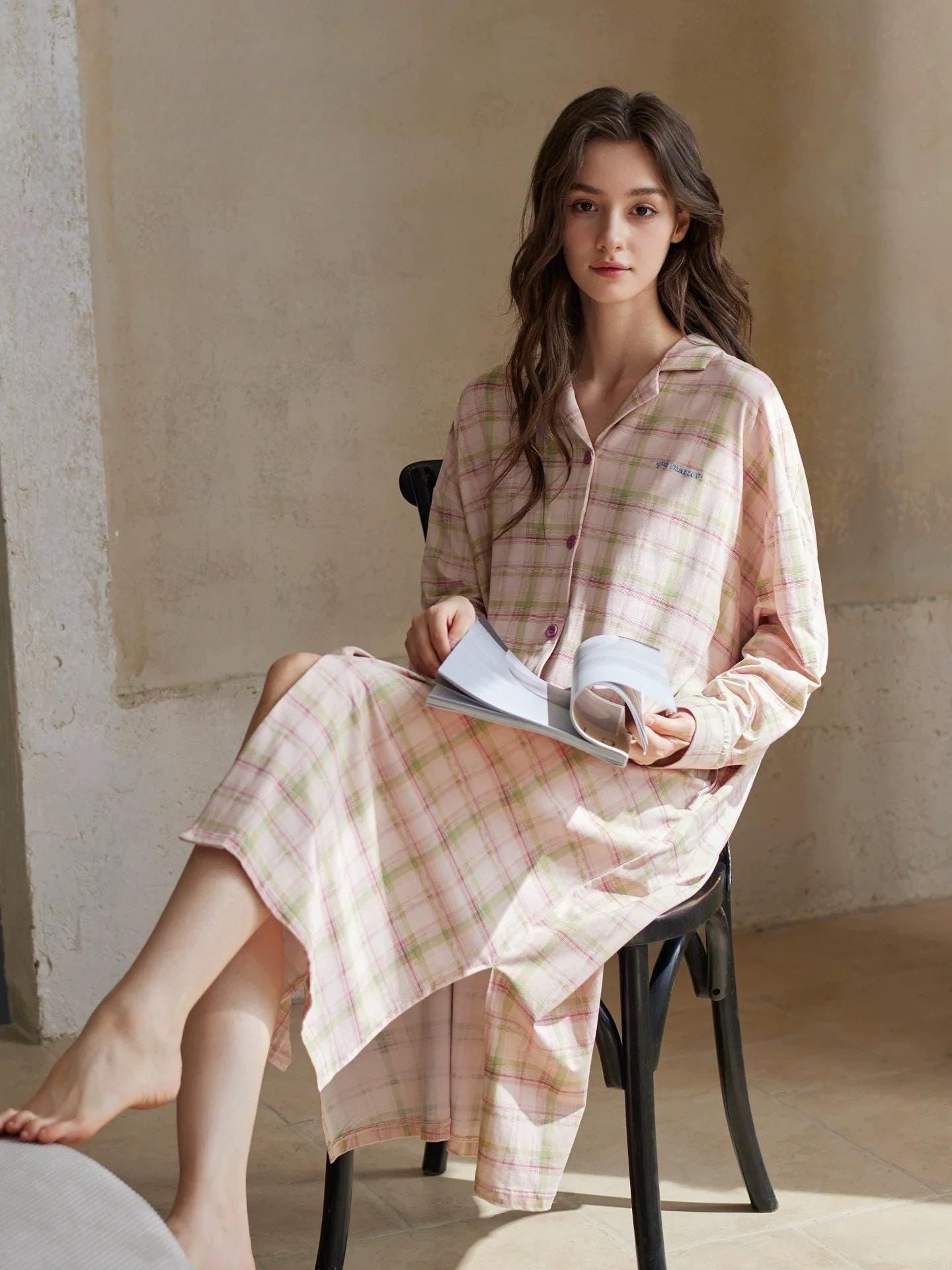 Pink plaid cotton pajama set for women by Lian Loungewear, featuring soft, comfortable loungewear with a relaxed fit.