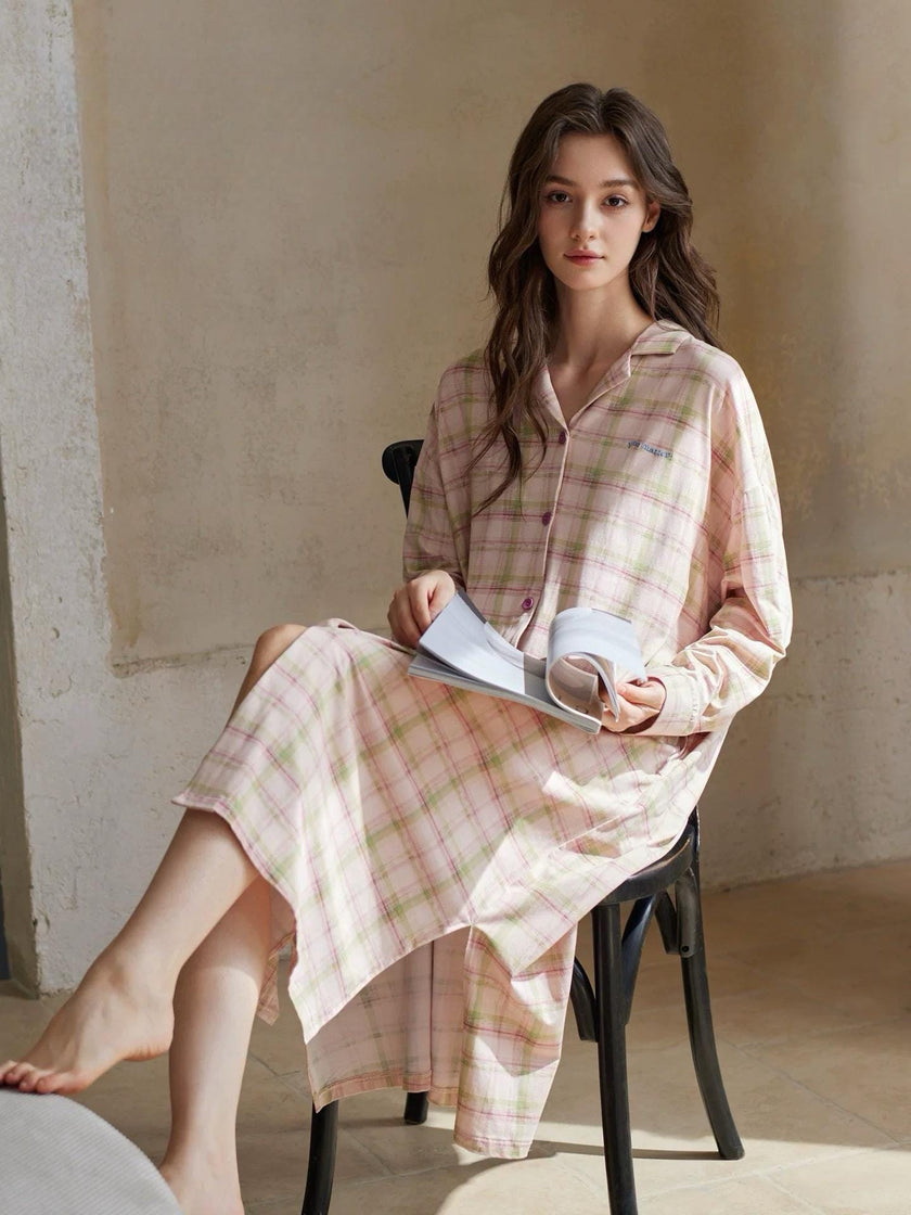 Pink plaid cotton pajama set for women by Lian Loungewear, featuring soft, comfortable loungewear with a relaxed fit.