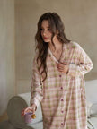 Pink plaid cotton pajama set for women by Lian Loungewear, featuring soft, comfortable loungewear with a relaxed fit.