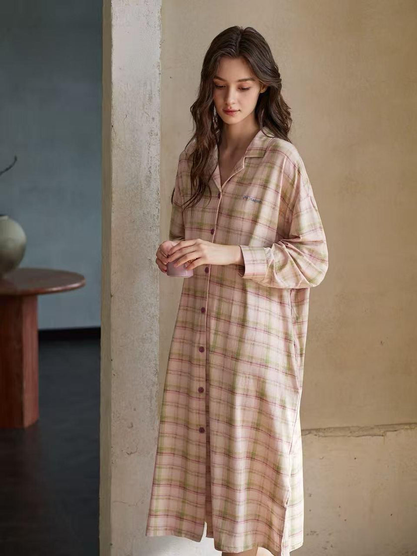 Pink plaid cotton pajama set for women from Lian Loungewear, featuring soft, comfortable loungewear with long sleeves and relaxed fit.