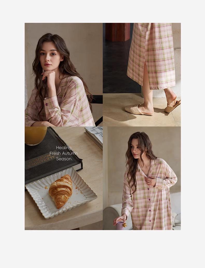 Pink plaid cotton pajama set for women by Lian Loungewear, featuring soft, comfortable loungewear with a relaxed fit.