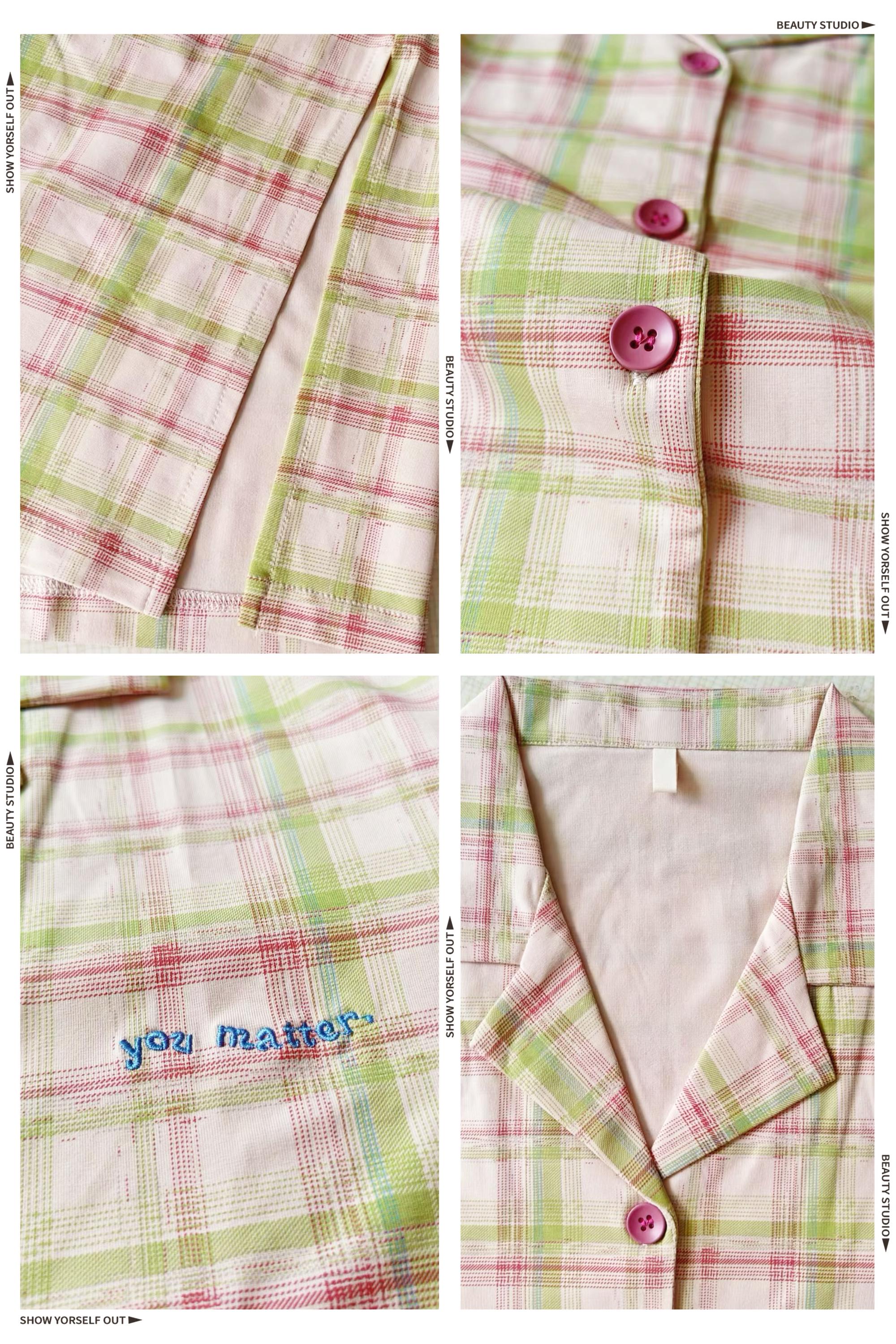 Pink plaid cotton pajama set for women, soft loungewear by Lian Loungewear, featuring a comfortable top and pants.