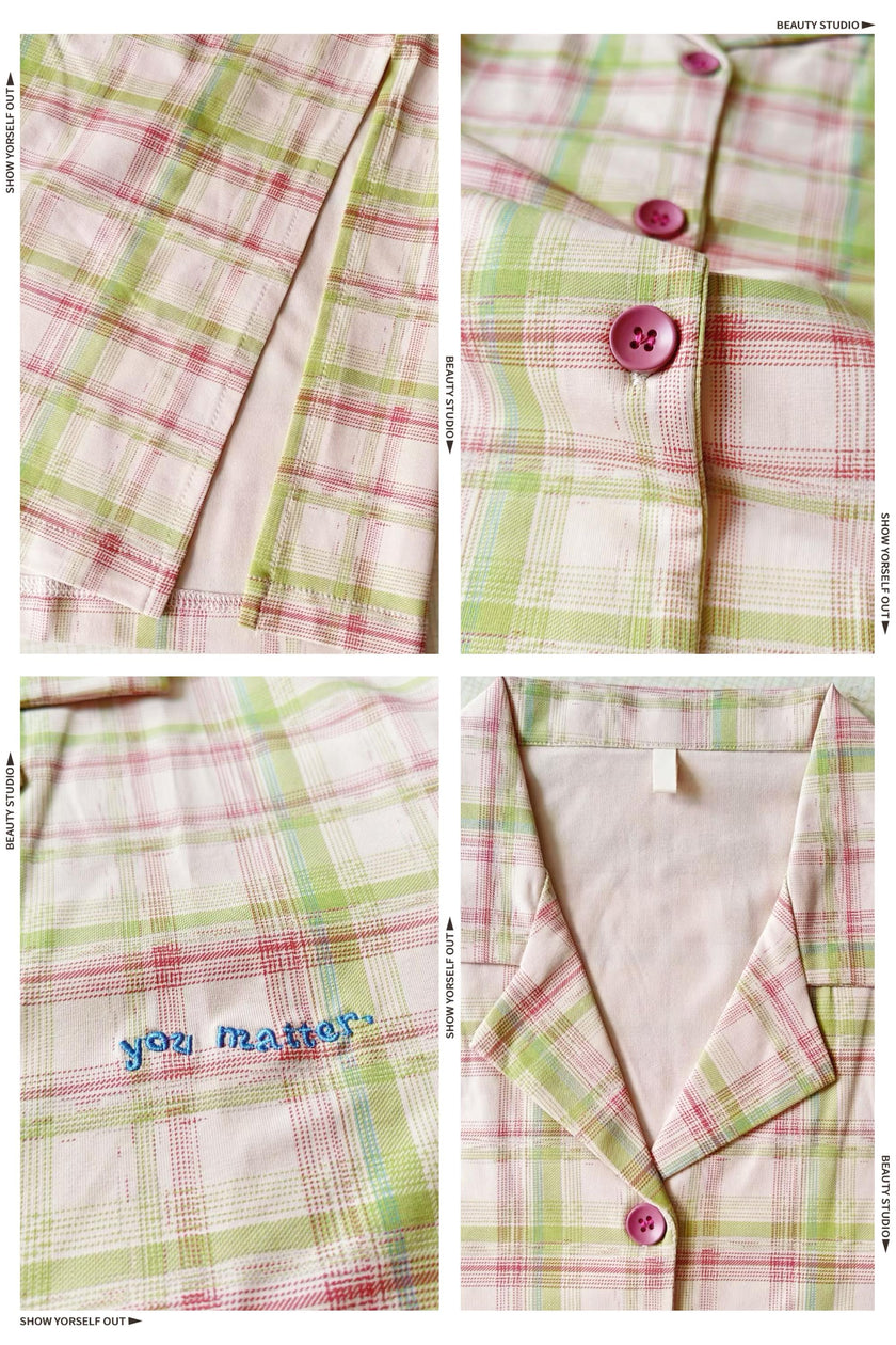 Pink plaid cotton pajama set for women, soft loungewear by Lian Loungewear, featuring a comfortable top and pants.