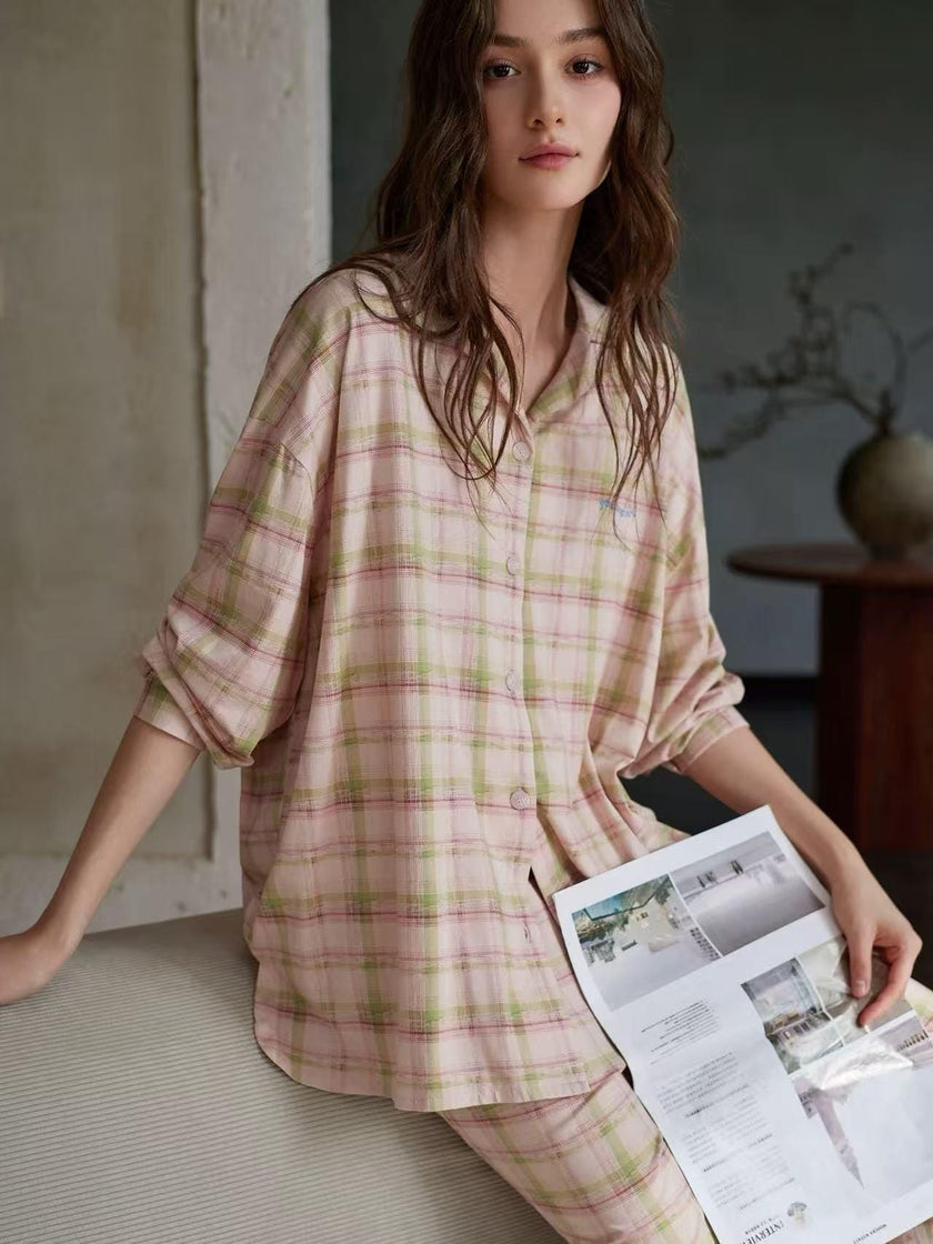 Pink plaid cotton pajama set for women by Lian Loungewear, featuring a soft, comfortable loungewear design with long sleeves and matching pants.
