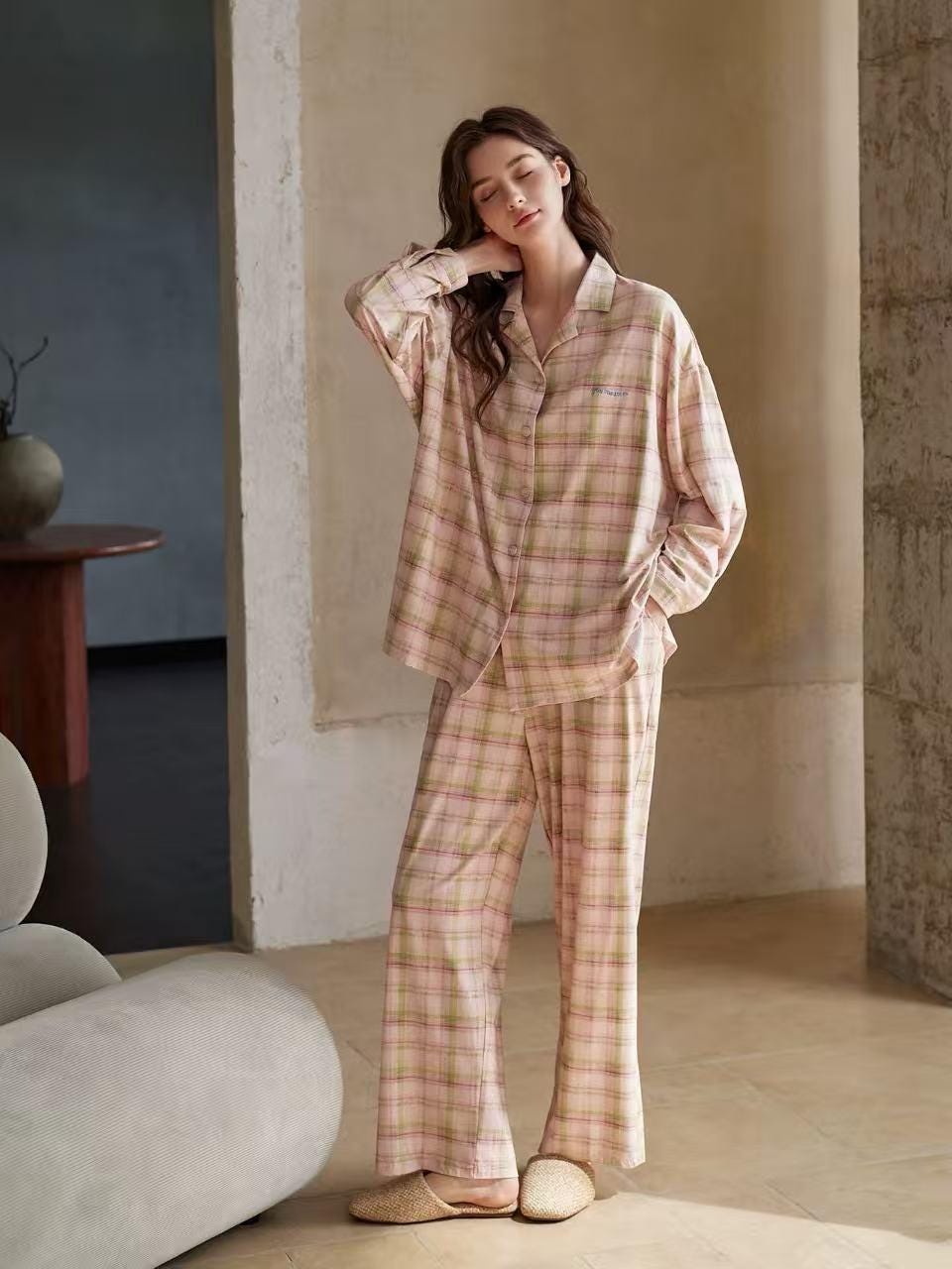 Pink plaid cotton pajama set for women by Lian Loungewear, soft and comfortable loungewear with a relaxed fit.