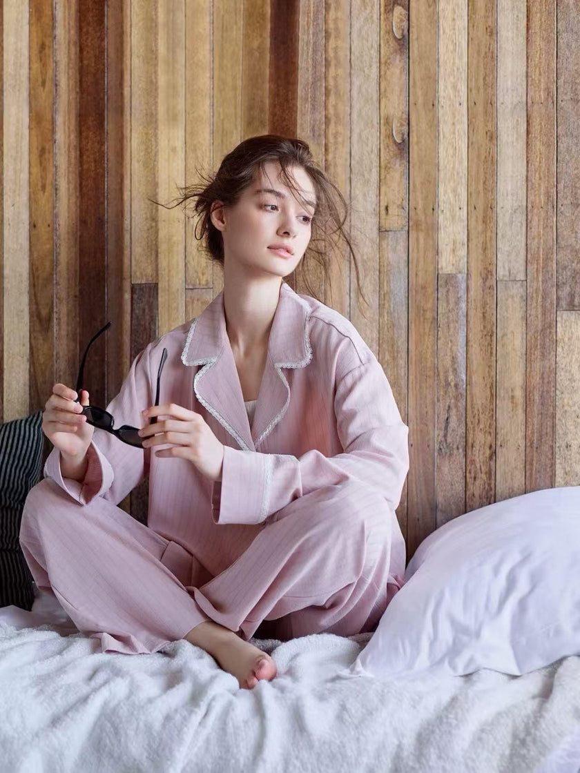 Pink cotton women's pajamas set with lace trim, Lian Loungewear, comfortable lounge sleepwear for women, perfect Christmas gift for her.