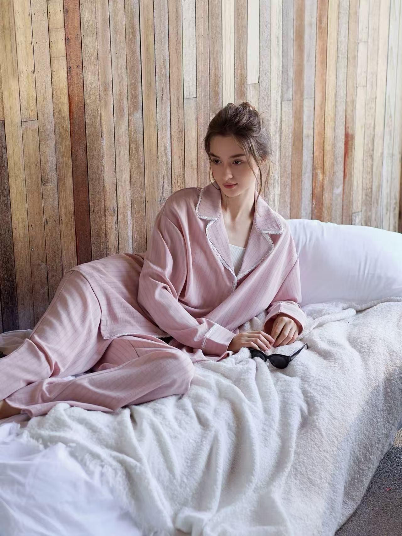 Pink cotton pajamas set for women with lace trim, comfortable lounge sleepwear by Lian Loungewear, ideal Christmas gift for her.