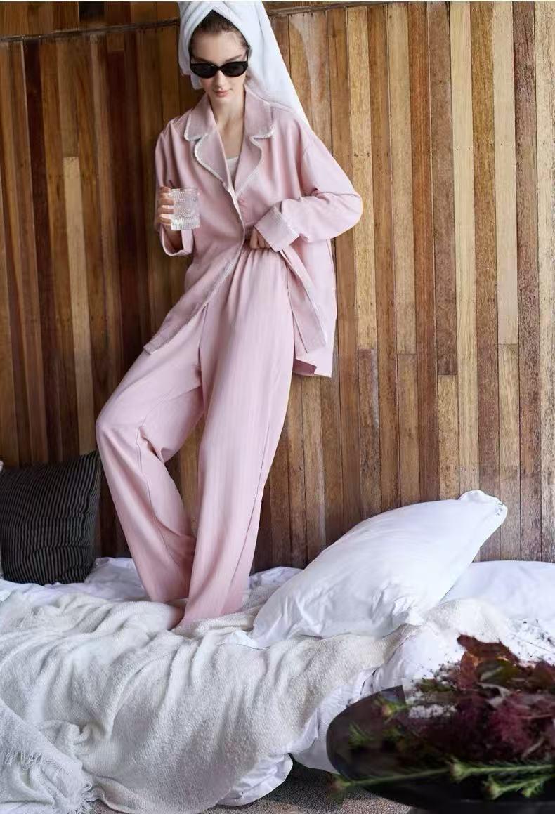 Pink cotton pajamas set for women with lace trim, comfortable lounge sleepwear by Lian Loungewear, perfect for Christmas gift.