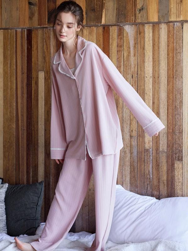 Pink cotton pajamas set for women with lace trim, comfortable loungewear from Lian Loungewear, ideal for sleep or relaxing.