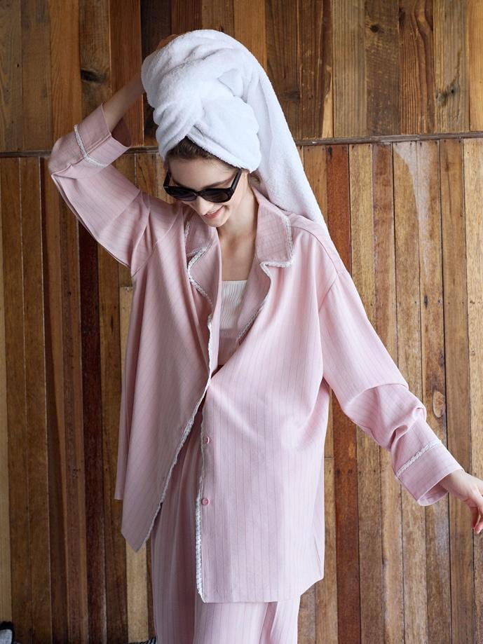 Pink cotton pajamas set for women with lace trim, comfortable lounge sleepwear by Lian Loungewear, perfect for Christmas gift.