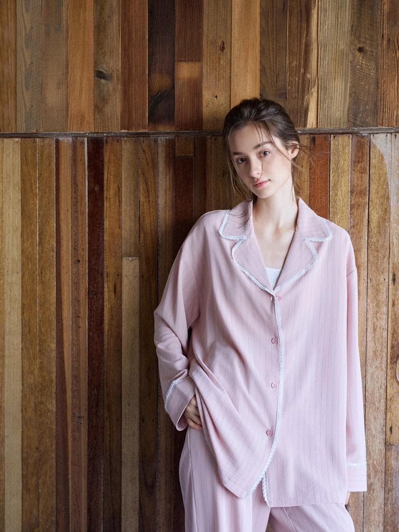 Pink cotton pajama set for women with lace trim, cozy lounge sleepwear by Lian Loungewear, perfect Christmas gift for her.